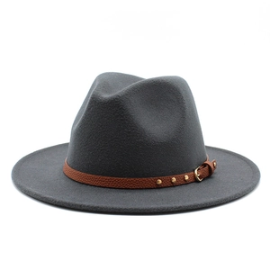 Dark grey wool fedora hat featuring a brown textured leather band and golden buckle