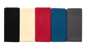 Five assorted solid colors of pearl chiffon hijabs including red, blue, and black fabrics