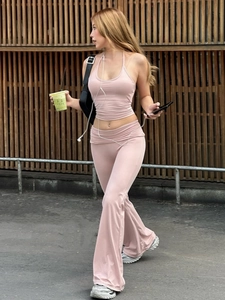 Women Halter Neck Backless Crop Top And High Waist Flare Pants Slim Fit Streetwear Polyester Spandex Outfits