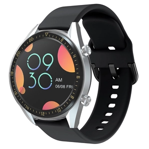 Detail view of silver smartwatch with black silicone strap and clear digital interface