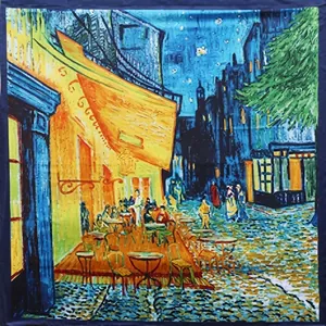 Detail of square silk scarf featuring Van Gogh Cafe Terrace at Night oil painting print