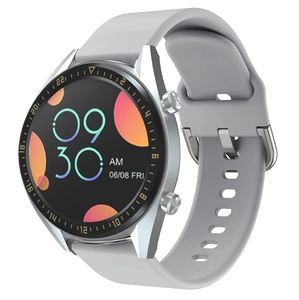 Close-up of smart watch with grey silicone strap and silver metal case on white background