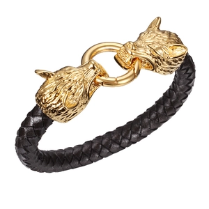 Bracelet tête de loup vintage pour homme avec cuir tressé noir et finitions dorées