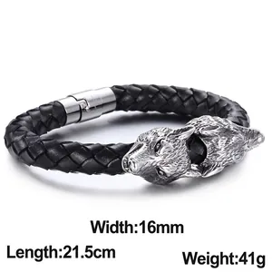 Men Braided Leather Bracelet Double Wolf Head 316L Stainless Steel Viking Nordic Retro Punk Gothic Jewelry