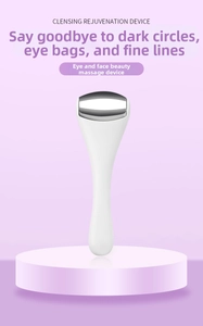 Macro view of mini eye cream applicator with silver roller ball and pearlescent white body