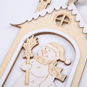 Laser-cut wooden snowman Christmas ornament with white roof and natural wood grain