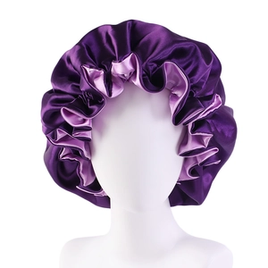 Deep purple double-layered satin bonnet with ruffled edges for hair protection