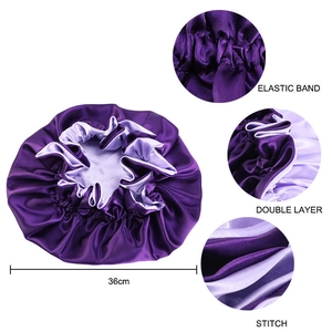 Purple satin sleep cap details featuring elastic band, double layer fabric and 36cm size