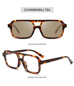 Detail of hawksbill tea square frames showing smart photochromic lens transition effect