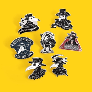 Set of 7 plague doctor enamel pins in steampunk style on vibrant yellow background