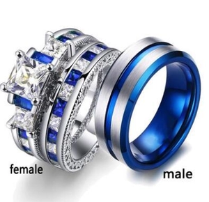 Detail of blue and white crystal wedding ring set with princess cut cubic zirconia stones