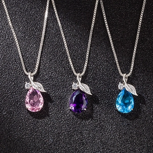 Korean Style Copper Leaf Waterdrop Pendant Necklace Elegant Pink Blue Purple Rhinestone Clavicle Chain For Women Jewelry