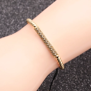 Gold beaded chain bracelet featuring black micro-paved zircon cylinder for men and women