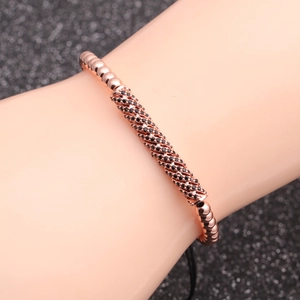 Elegant rose gold bead bracelet with micro-paved black zircon cylinder for men and women