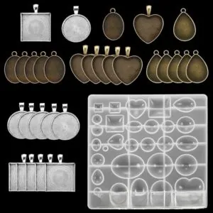 DIY jewelry making set with mixed metal bezels and matching silicone resin molds