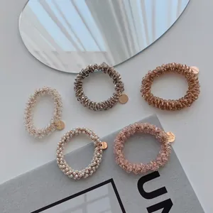 Beaded Spiral Hair Ties Faux Artificial Pearl Crystal Acrylic Elastic Ropes With Gold Metal Tag Sweet Korean Style For Women Girls