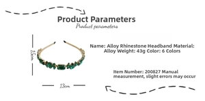 Baroque crystal headband dimensions show a 13x15cm golden alloy frame and green gems