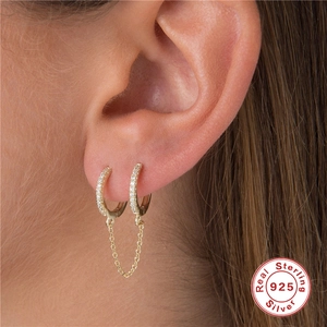 925 sterling silver gold chain hoop earrings with cubic zirconia for double piercings