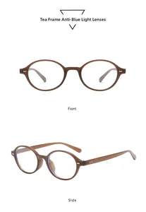 Front and side views of tea brown oval glasses frames with blue light blocking lenses