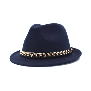 Navy blue wool fedora hat with gold chain band for women, autumn winter style