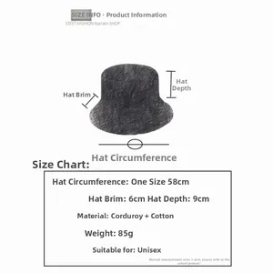 Size and material details for the unisex corduroy bucket hat, shown in a diagram.