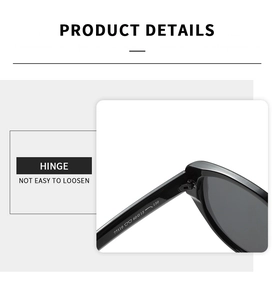 Detail view of cat eye sunglasses hinge and technical specifications on temple