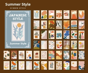 Macro detail of 49 vintage Matisse style floral and geometric art paper stickers for journaling