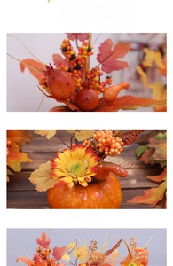 Detailed close-up of decorative foam pumpkins, sunflowers, and autumn maple leaves
