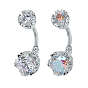 Silver navel rings with round clear and iridescent cubic zirconia stones in claw setting