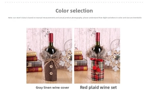 Detail of Christmas wine bottle covers in grey linen and red plaid with faux fur collars