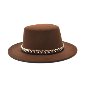 Dark brown wool felt fedora with a black and gold chain band on white background