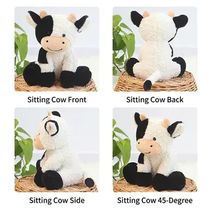 Peluche de vaca sentada con manchas blancas y negras visto desde varios ángulos de vista