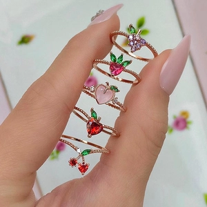Cute fruit ring set with grapes and strawberries in rose gold finish and colorful crystals