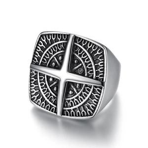 Vintage stainless steel square ring for men featuring a 3D nautical compass pattern