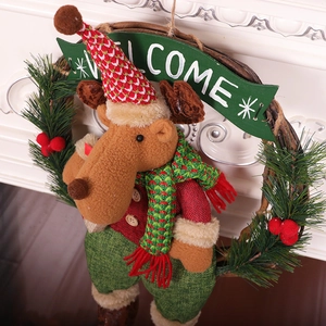 Nordic Christmas reindeer rattan wreath with Welcome sign for front door holiday decoration