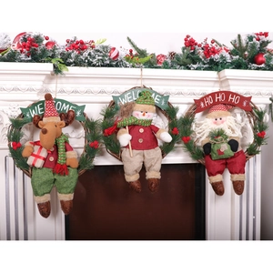 Christmas Wreath Hanging Ornament Rattan Ring With Plush Santa Snowman Reindeer Welcome Sign For Door Wall Home Decor