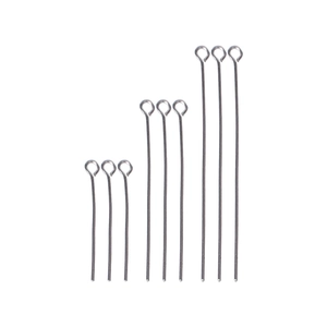 Detailed view of silver stainless steel eye pins in three sizes for DIY jewelry making