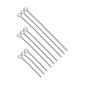 Macro shot of stainless steel eye pins in three lengths for DIY jewelry making