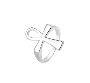Detailed close-up of a silver Egyptian Ankh cross ring with polished steel finish