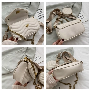 Detail view showing beige quilted chain bag with matching round coin purse and gold hardware