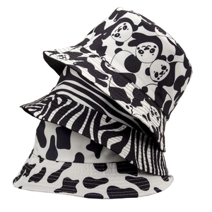 Damen Mädchen Fischerhut Baumwolle Canvas Tiermuster Sonnenschutz Retro Stil Sommer Outdoor Reise Zebra Kuh Panda