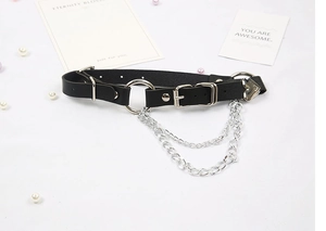 Gothic black leather choker with silver rings, heart charm and layered metal chains