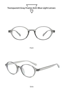 Macro detail of transparent grey round anti-blue light glasses with rivet accents