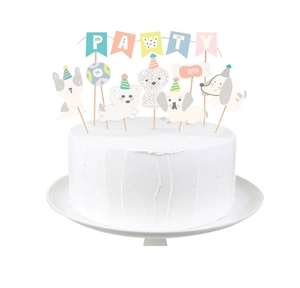 Dettaglio del set topper per torta di compleanno per animali con striscione PAWTY e cani