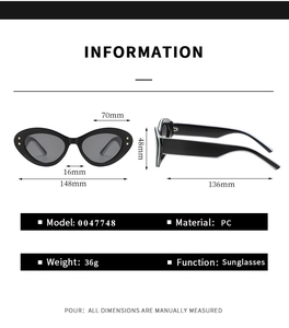 Tableau des dimensions pour lunettes de soleil œil de chat montrant taille et poids PC