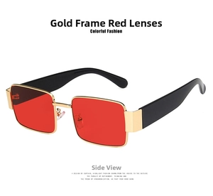 Side view of retro square sunglasses with a golden metal frame and vibrant red lenses