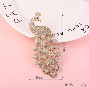 Detailed size view of colorful peacock brooch with 113mm height and rainbow rhinestones