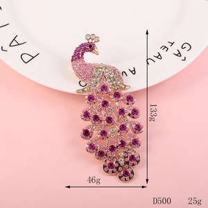 Detailed view of colorful peacock brooch with pink and purple rhinestones, 133x46mm size