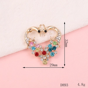 Macro detail of heart swan brooch with colorful rhinestones, size 32mm by 29mm, model D893
