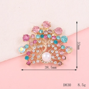 Peacock crystal brooch with colorful rhinestones and faux pearl, 38.5mm width